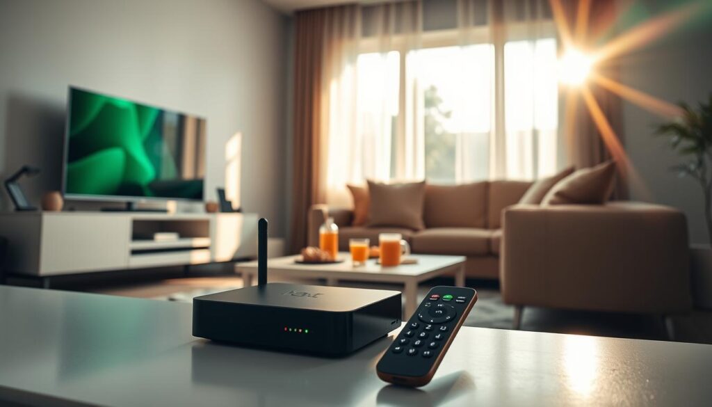 A modern living room featuring a sleek Android box connected to a large flat-screen TV. In the foreground, display the Android box prominently, with a remote control beside it. The middle ground includes a cozy sofa adorned with pillows, with a coffee table holding snacks and drinks. The background showcases a bright window allowing natural light to flood the room, illuminating the space with a warm, inviting atmosphere. Soft shadows and a gentle lens flare enhance the mood, emphasizing comfort and relaxation. The scene should evoke a feeling of enjoyment and ease, suitable for users seeking practical tips for optimal IPTV setup. No text or overlays present.