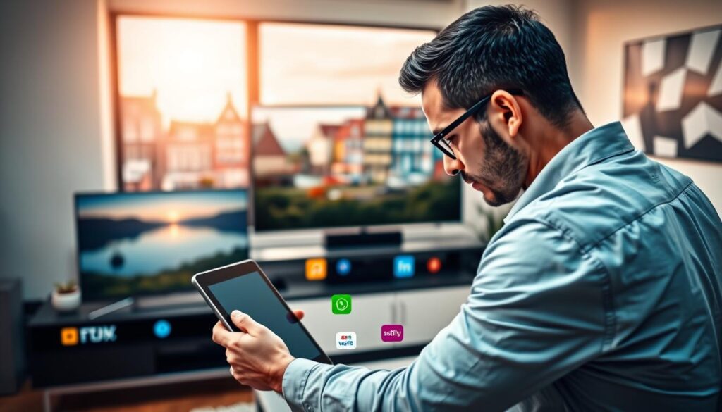 A modern living room featuring a sleek television displaying a serene landscape, symbolizing IPTV services. In the foreground, a professional-looking individual, dressed in business casual attire, intently studies a digital device, perhaps a tablet, with IPTV content on the screen. The middle layer includes an assortment of colorful streaming service icons subtly placed around the room, illustrating the variety of options available. The background showcases a well-lit space with a large window revealing a picturesque view of Dutch architecture, such as traditional canals and houses, infused with a warm, inviting sunlight. The overall atmosphere is informative and engaging, reinforcing the theme of legality and reliability in IPTV services. The composition should be balanced and inviting, capturing the essence of modern home entertainment.