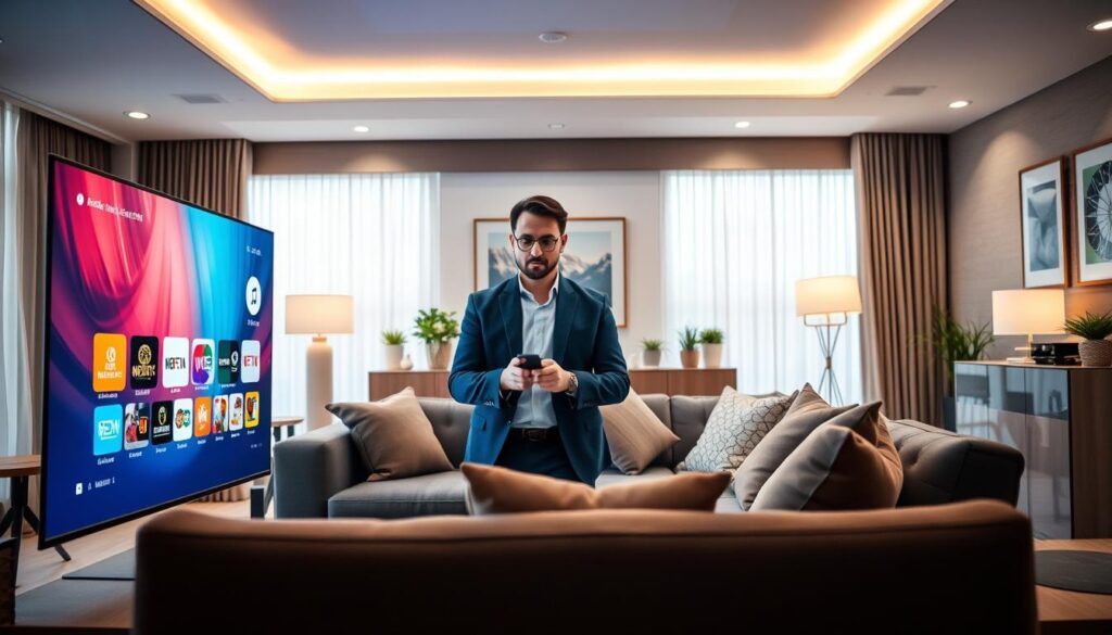 A modern living room focused on an advanced IPTV setup for an optimal viewing experience. In the foreground, a sleek, large flat-screen TV displays a vibrant interface with various streaming options. A stylish, comfortable sofa is positioned centrally, adorned with soft cushions for inviting relaxation. In the middle, a tech-savvy individual in smart casual attire adjusts settings on a remote, with a focused expression. The background features a well-lit space with soft ambient lighting, strategically placed to enhance the mood, and tasteful decorations, such as framed art and potted plants. The atmosphere is cozy and high-tech, emphasizing comfort and modern entertainment. The image is captured from a slightly elevated angle to provide a comprehensive view of the setup.