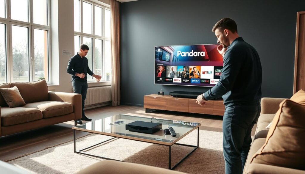 A modern living room in the Netherlands, featuring a sleek television installation showcasing IPTV Pandora on the screen. In the foreground, a technician in professional attire connects cables and adjusts the setup, exuding expertise. The middle ground reveals a stylish coffee table with streaming devices and remotes neatly arranged, while in the background, large windows allow natural light to fill the room, casting soft shadows. The color palette is warm and inviting, with contemporary furniture that suggests comfort and technology harmony. Capture the scene from a slightly elevated angle to create depth, emphasizing both the technician’s focused expression and the vibrant display of IPTV content on the TV screen, enhancing the mood of innovation and excitement.