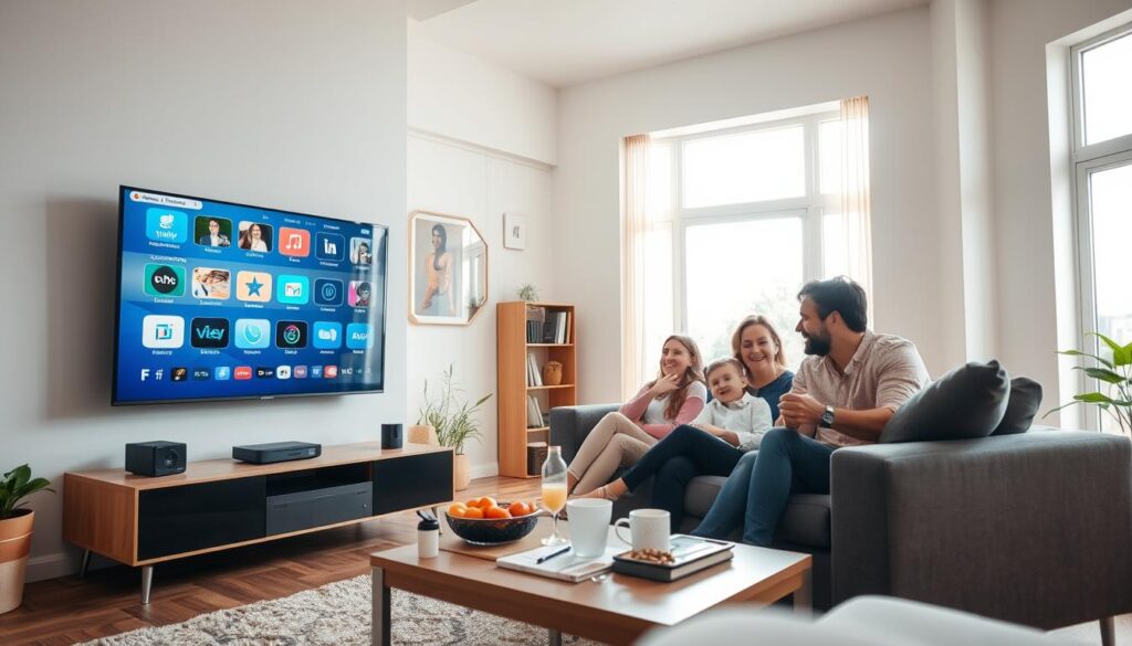 A modern living room interior showcasing a family enjoying IPTV on a large flat-screen TV. In the foreground, a diverse family of four, dressed in casual yet tidy clothing, is sitting comfortably on a stylish sofa, interacting with a remote control. A sleek entertainment unit displays a variety of devices and media options. The middle ground features a coffee table with snacks and drinks, emphasizing a relaxed atmosphere. Bright, natural lighting streams in from large windows, creating a warm and inviting environment. In the background, subtle elements like a bookshelf and indoor plants enhance the cozy home aesthetic. The overall mood should convey excitement and convenience of IPTV over traditional television, showcasing a joyful and engaging viewing experience.