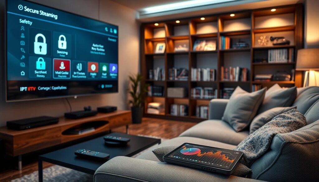 A modern living room scene emphasizing safety and reliability in IPTV Dark. In the foreground, a sleek, high-tech television screen displays a menu interface indicating secure streaming options, with visible lock icons symbolizing encryption. A comfortable sofa adorned with cushions is angled towards the screen, inviting relaxation. In the middle ground, a stylish coffee table holds remote controls and a digital device, like a tablet, showing a colorful graphical representation of IPTV analytics without text. The background features a cozy ambiance with soft, warm lighting, accentuated by a bookshelf filled with tech publications, creating a professional yet inviting atmosphere. The overall mood is reassuring and focused, illustrating the theme of digital safety in an engaging domestic setting.