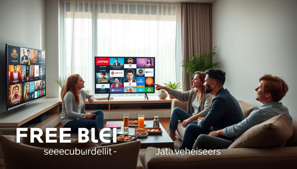 A modern living room scene featuring a sleek television displaying vibrant IPTV content in high definition. In the foreground, a diverse group of three people, dressed in smart-casual attire, are gathered on a comfortable sofa. They are smiling and engaged in lively conversation, with one person pointing at the TV, showcasing the exciting array of channels available on the IPTV service. In the middle background, a stylish coffee table holds snacks and drinks, enhancing the casual yet enjoyable atmosphere. Soft, natural light filters through a large window, highlighting the cozy ambiance, while decorative plants add a touch of calm. The overall mood is upbeat and inviting, emphasizing the benefits of a free trial versus a paid subscription.