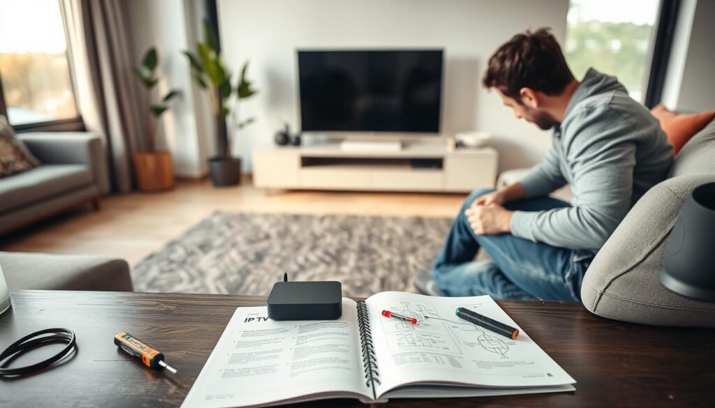A modern living room scene featuring an individual comfortably installing an Android IPTV box. In the foreground, the person, wearing modest casual clothing, connects cables between the sleek IPTV box and a flat-screen TV on a stylish media console. The middle ground shows an open manual with diagrams, surrounded by tools like a screwdriver and cable ties. In the background, soft natural light filters through large windows, creating a warm and inviting atmosphere. Add subtle details like a potted plant and decorative cushions to enhance homeliness. Capture the installation process with a slight angle from above, emphasizing ease of use and user-friendly design, while maintaining a professional tone throughout the image.