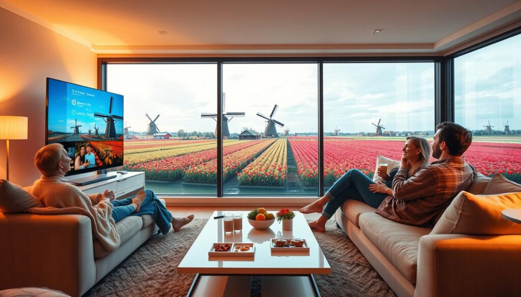 A modern living room scene showcasing a family enjoying high-definition IPTV streaming. In the foreground, a cozy couch with four people, dressed in comfortable loungewear, animatedly watching a large flat-screen television displaying vibrant colors and clear images. In the middle ground, a sleek coffee table with snacks and drinks, emphasizing a relaxed atmosphere. The room is warmly lit, creating an inviting ambiance, with soft shadows enhancing depth. In the background, large windows reveal a picturesque view of a Dutch landscape, incorporating iconic elements like windmills and tulip fields. The overall mood reflects joy and comfort, depicting the ultimate streaming experience in the Netherlands.