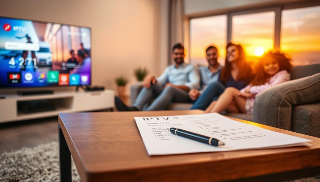 A modern living room scene showcasing a sleek television displaying a vibrant IPTV interface. In the foreground, a stylish coffee table adorned with a notepad and pen, highlighting IPTV subscription prices and packages, surrounded by a cozy sofa. The middle ground features a family relaxing together, dressed in smart casual attire, enjoying their IPTV experience with smiles. In the background, a soft-lit window reveals a scenic view of a sunset. Use warm, inviting lighting to create a cozy atmosphere. The image should be shot from a slightly elevated angle, emphasizing both the IPTV interface and the family’s engagement. The overall mood is relaxed and lively, reflecting the joy of carefree TV watching.