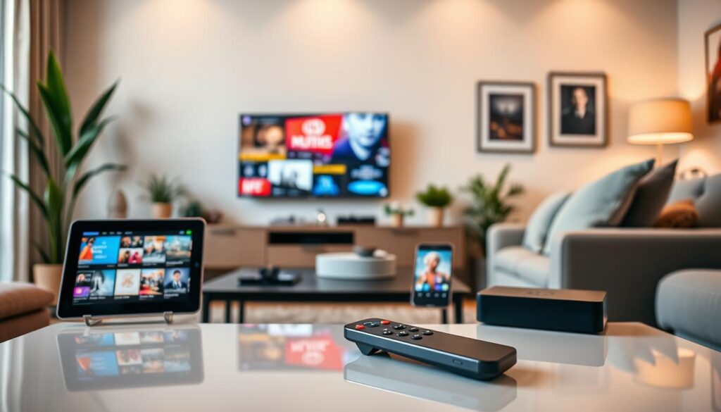 A modern living room scene showcasing various devices compatible with IPTV, including a smart TV, a tablet, a smartphone, and a streaming device, all displaying vibrant streaming content. In the foreground, a sleek coffee table holds a remote control, reflecting soft natural lighting from a nearby window. The middle ground features the stylish smart TV mounted on the wall, surrounded by decorative plants and art. In the background, a cozy sofa invites viewers to imagine themselves enjoying their favorite shows. The atmosphere is warm and inviting, emphasizing a seamless integration of technology in everyday life, with a focus on comfort and modernity. Use a soft focus effect for a serene ambiance, capturing a balanced composition from a slightly elevated angle.