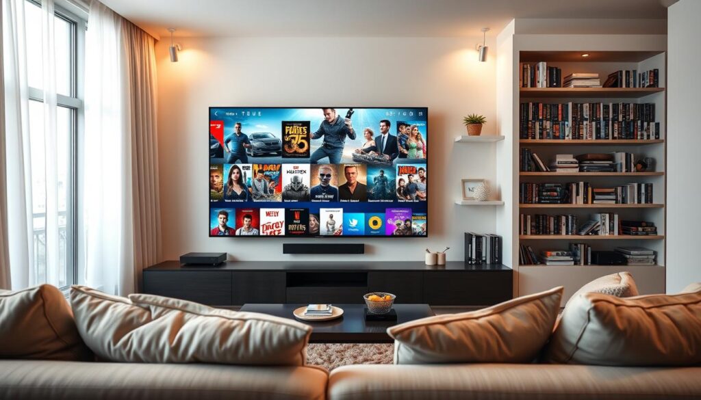 A modern living room set up for watching TV, featuring a large flat-screen television displaying a vibrant array of movie and series thumbnails, showcasing a diverse selection of genres. In the foreground, a comfortable sofa adorned with plush cushions invites relaxation. The middle ground has a sleek coffee table with a remote control and snacks. The background features a stylish bookshelf filled with DVDs and books, with soft ambient lighting creating a warm and cozy atmosphere. A large window allows natural light to filter in, illuminating the scene. The overall mood is inviting and engaging, reflecting a pleasure in discovering new entertainment options. The image captures the essence of a personal space dedicated to enjoying SS IPTV content, appealing to viewers looking for the best subscription choice.