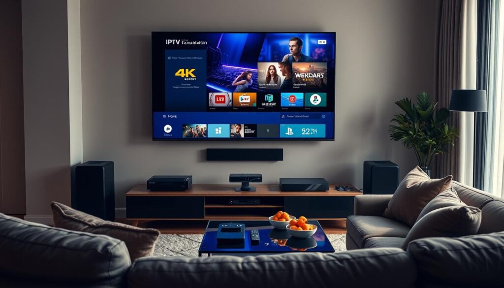 A modern living room setting featuring a sleek 4K television displaying a vibrant IPTV interface, showcasing stunning visuals in high definition. In the foreground, a cozy sofa with plush cushions and a stylish coffee table adorned with remote controls and snacks. The middle layer includes a well-organized entertainment center with various streaming devices and smart gadgets. Soft, ambient lighting creates a warm and inviting atmosphere, while a large window in the background allows natural light to filter in, casting gentle shadows. The scene conveys a sense of relaxation and enjoyment, perfect for watching movies and shows in 4K resolution. The overall mood is sophisticated yet comfortable, ideal for a home cinema experience.