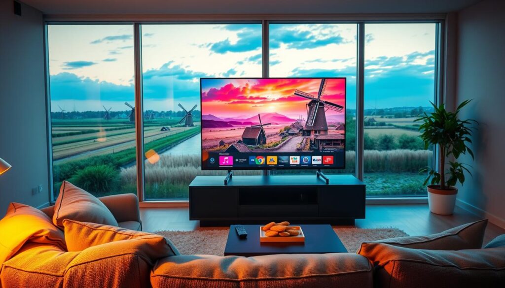 A modern living room setting featuring a sleek flat-screen TV displaying a vibrant scene from a popular streaming channel, capturing the essence of high-quality IPTV viewing. In the foreground, a cozy sofa with plush cushions invites relaxation, adorned with a decorative throw. On a stylish coffee table, a remote control and snacks suggest a casual viewing experience. The ambiance is enhanced by warm, soft lighting creating a welcoming atmosphere. In the background, a large window reveals a picturesque view of a typical Dutch landscape, featuring windmills and lush greenery, symbolizing the local experience. The overall mood is relaxed and enjoyable, showcasing the satisfaction of using watch4k IPTV in the Netherlands today.