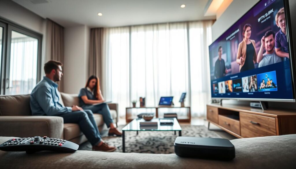 A modern living room setting featuring various IPTV Smarters devices being used. In the foreground, a sleek smart TV displays a vibrant IPTV Smarters interface, with an illuminated remote control resting nearby. To the left, a comfortable couch with a couple of individuals dressed in casual but tidy clothing, engaged and discussing their viewing options. The middle of the scene shows a stylish entertainment unit displaying additional devices like a streaming box and a tablet. In the background, large windows allow soft, natural light to flood the room, creating a cozy and inviting atmosphere. Use a wide-angle lens to capture the entire room, enhancing the sense of modern technology and home comfort.