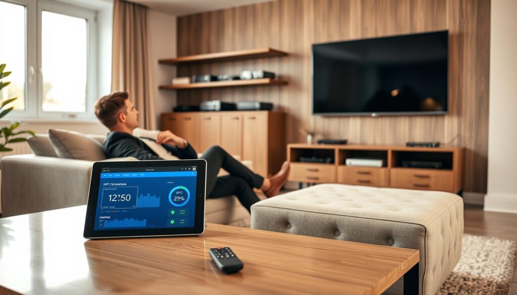 A modern living room setting showcasing a professional IPTV testing experience. In the foreground, a sleek coffee table holds a tablet displaying IPTV performance metrics, with a remote control nearby. A person in smart casual attire sits comfortably on a stylish couch, intently observing content on a large, high-definition wall-mounted TV. The middle ground features an organized shelf with streaming devices and cables. The background displays a window with natural sunlight filtering in, creating a warm and inviting atmosphere. The room is tastefully decorated, combining contemporary design with a tech-savvy feel. Use soft lighting to enhance the cozy mood, shot from a slightly elevated angle to encompass both the user and their viewing experience.