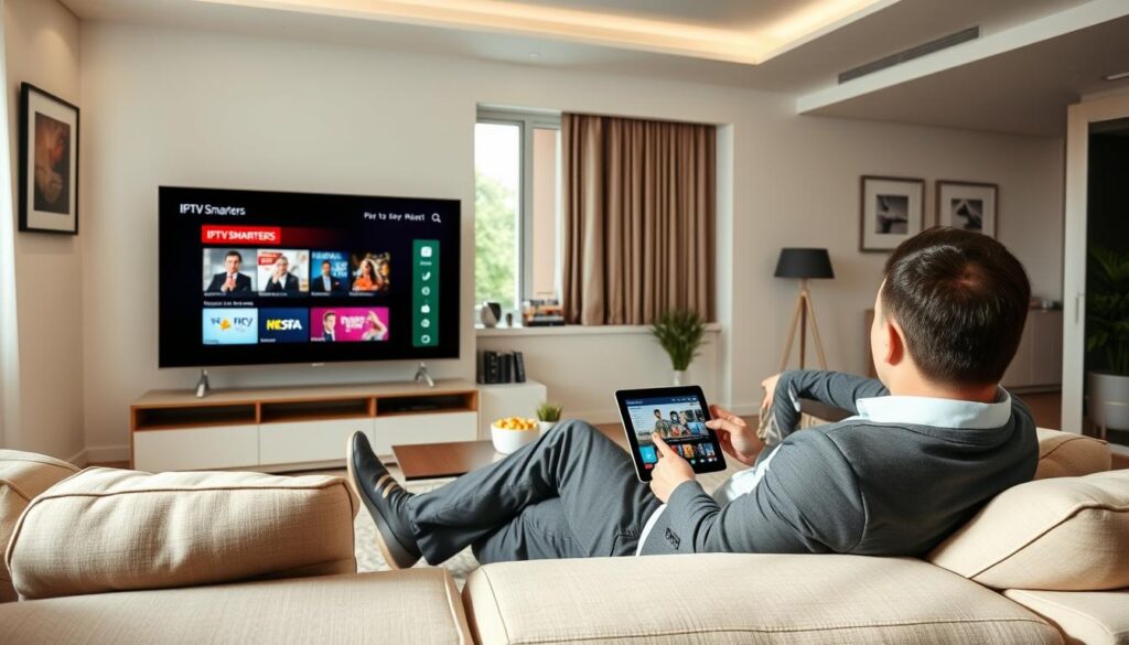 A modern living room setting showcasing a sleek TV displaying the IPTV Smarters interface. In the foreground, a man in smart casual attire is sitting comfortably on a stylish sofa, interacting with a tablet that has the IPTV Smarters app open. In the middle background, a large window lets in soft natural light, creating a warm atmosphere. The walls are adorned with minimalistic decor, and a small coffee table holds a remote and snacks, emphasizing a relaxed viewing experience. The room is elegantly furnished, with neutral tones and pops of color. The angle captures both the user and the TV screen, highlighting the functionality of IPTV Smarters in a home environment. The overall mood is inviting and tech-savvy, reflecting the innovation of IPTV services.