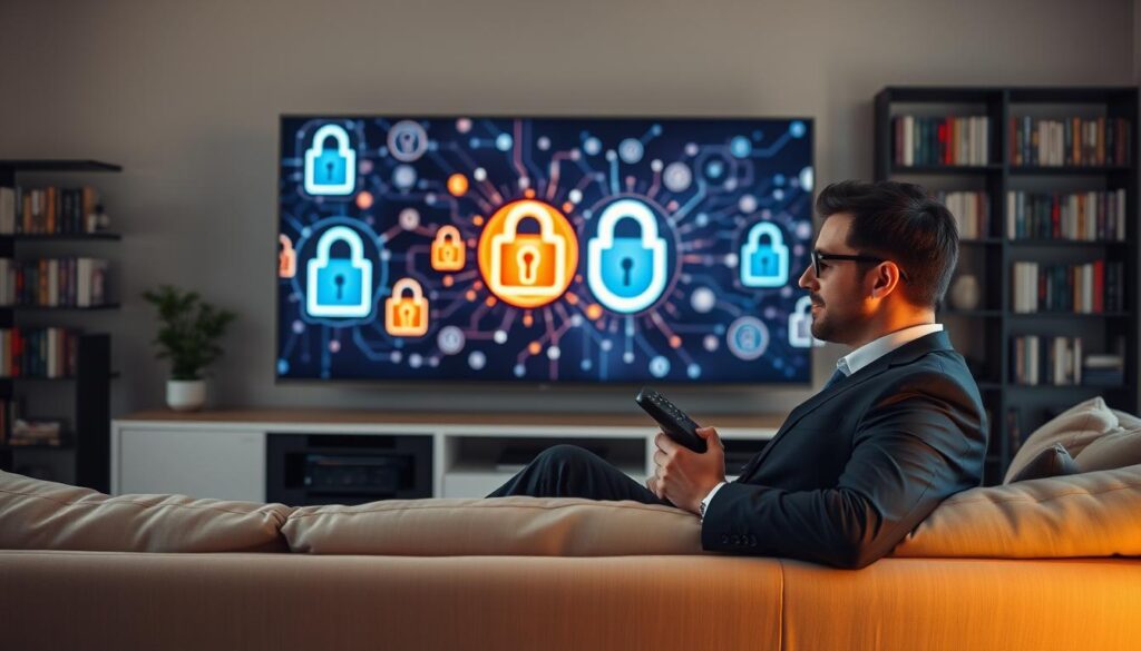 A modern living room setting, showcasing a sleek home entertainment system with a large flat-screen TV displaying an abstract representation of digital security symbols such as locks and shields. In the foreground, a person in professional business attire is comfortably seated on a stylish sofa, holding a remote control, their expression focused and engaged. Soft, warm lighting creates an inviting atmosphere, with a gentle light illuminating the security symbols on the screen, emphasizing themes of safety and privacy. The background features a contemporary bookshelf filled with technology and security-related books, enhancing the theme of informed streaming choices. The overall mood is one of confidence and tranquility, signifying the importance of privacy in adult IPTV streaming.