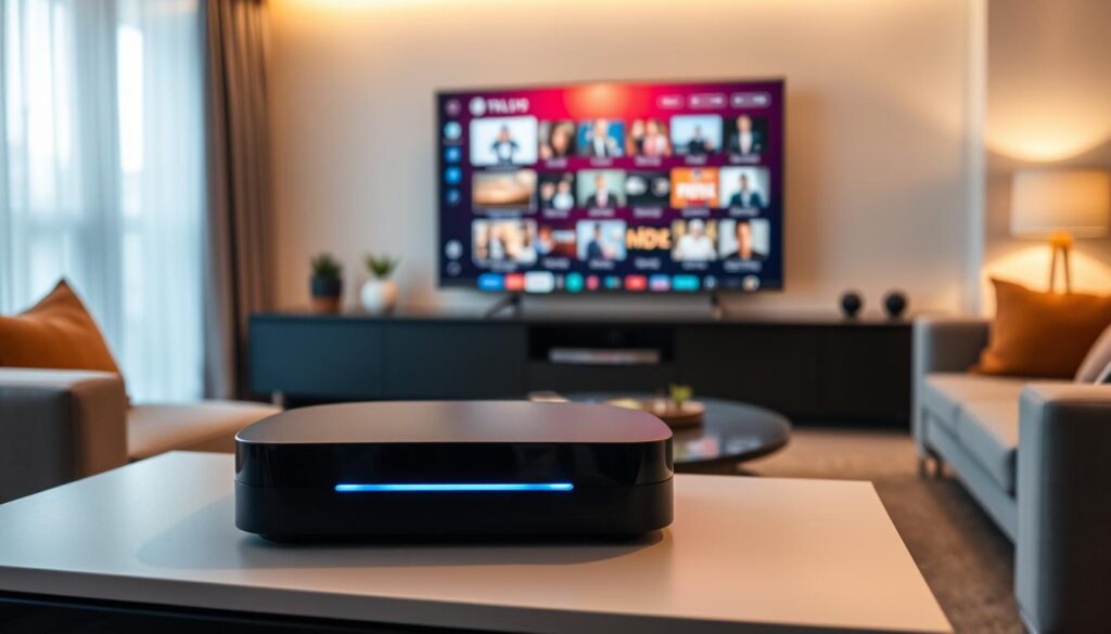 A modern living room setting showcasing an advanced Android IPTV box on a sleek, minimalistic TV stand. The foreground features the stylish black Android IPTV box, illuminated by soft, ambient lighting that highlights its sleek design. In the middle background, a large flat-screen TV displays various programming options with vibrant colors, emphasizing the diverse content available through the IPTV service. The scene is complemented by cozy furniture and a few decorative elements, enhancing the inviting atmosphere of the room. The lighting is warm and inviting, suggesting a comfortable viewing experience. The perspective is slightly angled to provide depth, capturing the essence of modern technology seamlessly integrated into everyday life.