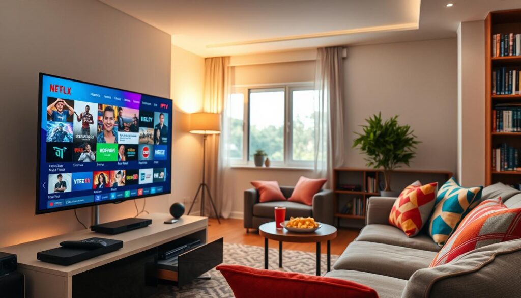 A modern living room setting showcasing an extensive entertainment experience with IPTV. In the foreground, a sleek flat-screen TV displays a vibrant array of channels, depicting sports, movies, and music. A stylish entertainment console with streaming devices and a remote control is situated below the TV. In the middle ground, a comfortable sofa with colorful cushions invites relaxation, while a small coffee table holds snacks and drinks. The background features a cozy atmosphere with soft ambient lighting, highlighting a bookshelf filled with movies and a window that lets in warm sunlight. The mood is inviting and relaxed, emphasizing the broad choices and entertainment options available through IPTV.