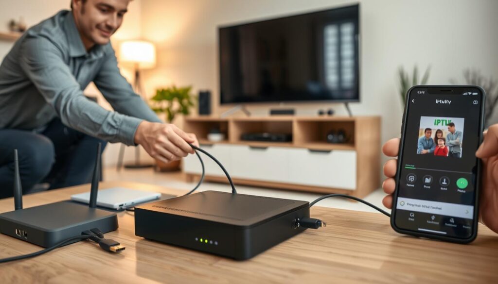A modern living room setting, showcasing the installation and activation of IPTV CZ. In the foreground, a professional-looking person in smart casual attire is connecting cables to a sleek set-top box and a flat-screen TV. The middle ground features various tech elements like a router, HDMI cables, and a smartphone displaying the IPTV interface. The background shows a cozy ambiance with soft, warm lighting coming from a nearby window, casting a gentle glow. The scene captures a sense of simplicity and ease, conveying a mood of clarity and convenience in technology. The perspective is slightly angled, focusing on the person's hands as they complete the installation process.