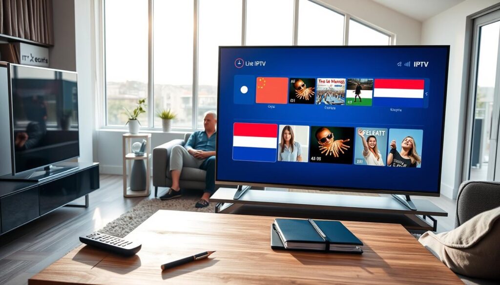 A modern living room setting with a sleek flat-screen TV displaying Dutch IPTV channels. The foreground features a stylish coffee table with a remote control, snacks, and a notebook. In the middle, a comfortable sofa with a family casually enjoying their favorite shows; they are dressed in smart casual attire. The background shows a well-lit space with large windows revealing a sunny day outside, creating a warm and inviting atmosphere. Natural light floods the room, highlighting the blue and white color palette, evoking a sense of relaxation and trust. The overall mood is cozy and fulfilling, representing the reliability and legality of IPTV subscriptions for Dutch channels.