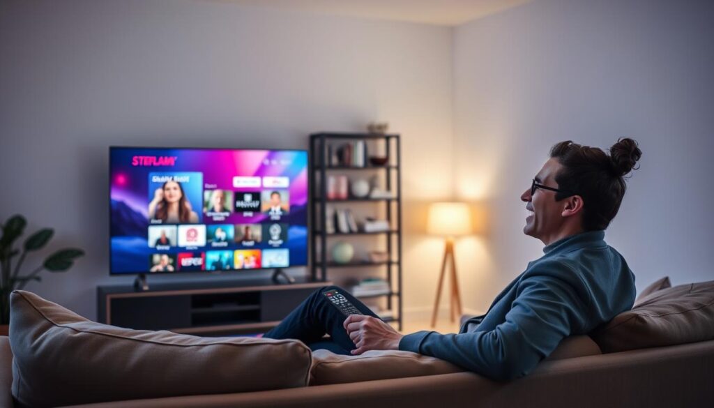 A modern living room setting, with a sleek, high-definition TV displaying a vibrant streaming interface. In the foreground, a cozy couch with plush cushions invites relaxation. A person, dressed in smart casual attire, sits on the couch, joyfully engrossed in the streaming experience. Soft, ambient lighting creates a warm atmosphere, with a gentle glow reflecting off the walls. In the middle ground, a coffee table holds a remote control and snacks, further enhancing the comfort. The background features a contemporary bookshelf filled with books and decorative items, adding depth and context. The overall mood conveys a sense of trust and quality in streaming, inviting viewers to feel secure and content in their entertainment choices.