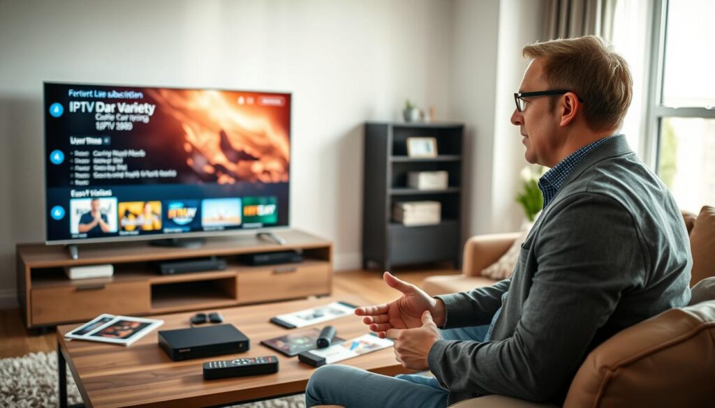 A modern living room setting with a sleek television prominently displaying various IPTV subscription options. In the foreground, a professional-looking individual, dressed in smart casual clothing, is engaged in thoughtful discussion, emphasizing important user needs like content variety, pricing, and ease of use. The middle ground showcases a stylish coffee table with digital devices, remote controls, and IPTV brochures, suggesting a tech-savvy environment. The background features a bright window allowing natural light to illuminate the room, creating an inviting atmosphere. The lens focuses on the individual, capturing their expression of curiosity and engagement, while the overall mood is optimistic and knowledgeable, reflecting the essential aspects of IPTV services in the Netherlands.