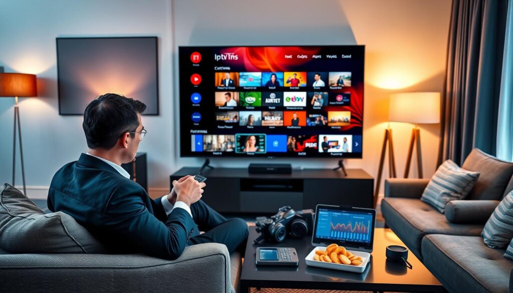 A modern living room setup featuring a large flat-screen TV displaying a vibrant IPTV interface, with a person in professional business attire seated comfortably on a stylish couch, remote control in hand. In the foreground, the person appears focused and engaged as they navigate through various channels, showcasing the IPTV service's features. The middle ground shows a coffee table with snacks and a tablet that displays performance metrics. The background features warm, inviting lighting from stylish lamps and a window with soft natural light streaming in, creating an atmosphere of comfort and relaxed enjoyment. The overall mood reflects a blend of professionalism and leisure, highlighting the essence of an IPTV testing experience.