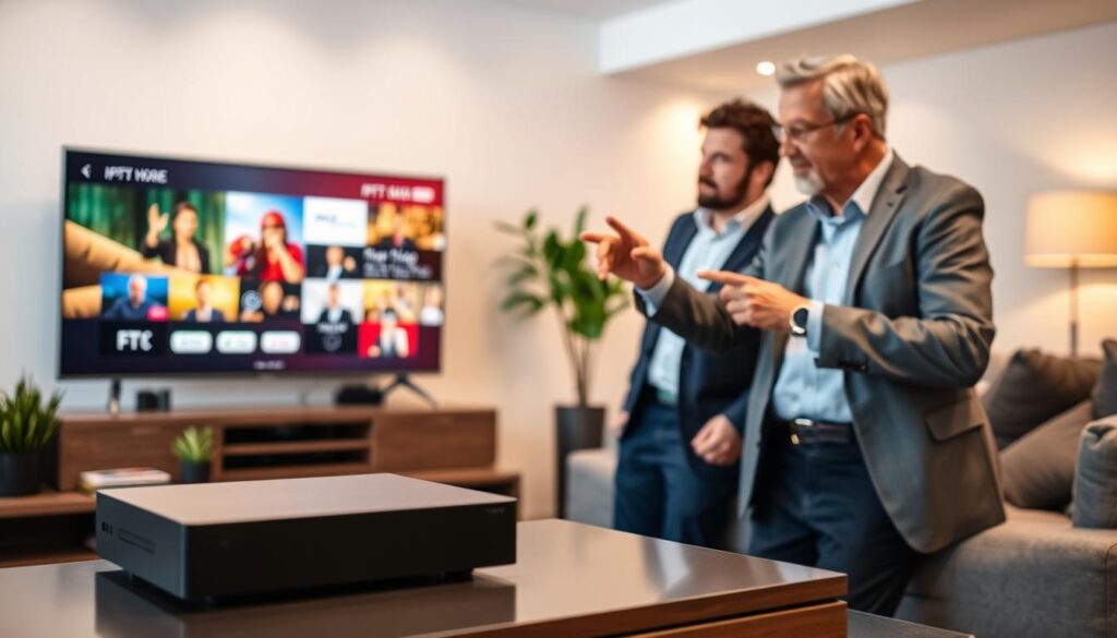 A modern living room setup featuring a sleek IPTV box prominently displayed on a stylish entertainment unit. In the foreground, a knowledgeable consultant in professional attire is engaged in discussion with a couple, pointing toward the box and gesturing to its features. The background includes a large flat-screen TV showcasing vibrant streaming content, creating an inviting and tech-savvy atmosphere. Soft, ambient lighting illuminates the room, enhancing the cozy yet contemporary feel. A few decorative plants add freshness, while the decor reflects a blend of modern and minimalist design. The angle captures both the consultant's engaging expression and the attention of the couple, conveying a sense of trust and expertise in choosing the best IPTV solution for their needs.