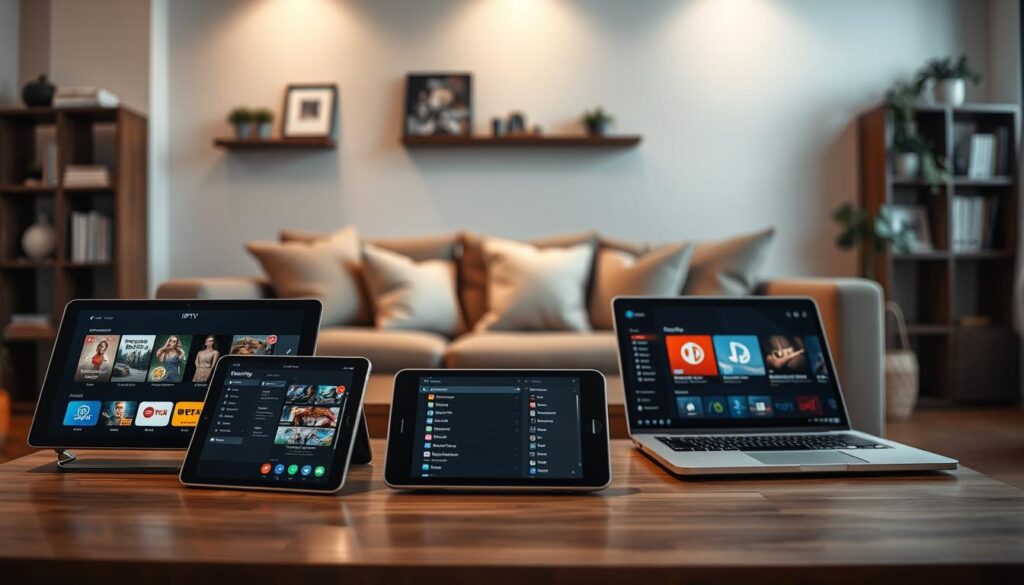 A modern living room setup featuring various supported devices for IPTV streaming, including a sleek smart TV, a tablet, a smartphone, and a laptop arranged on a stylish coffee table. The foreground showcases the devices with visible screens displaying vibrant interfaces, showcasing popular streaming apps and settings menus. The middle ground features a comfortable sofa with cushions in a cozy, inviting atmosphere, while soft lighting creates a warm glow. In the background, there are shelves with books and plants, adding to the homey feel. The mood is relaxed and tech-savvy, ideal for viewers exploring their entertainment options. The scene is captured from a slightly elevated angle to emphasize the device integration and home environment, with no people present.