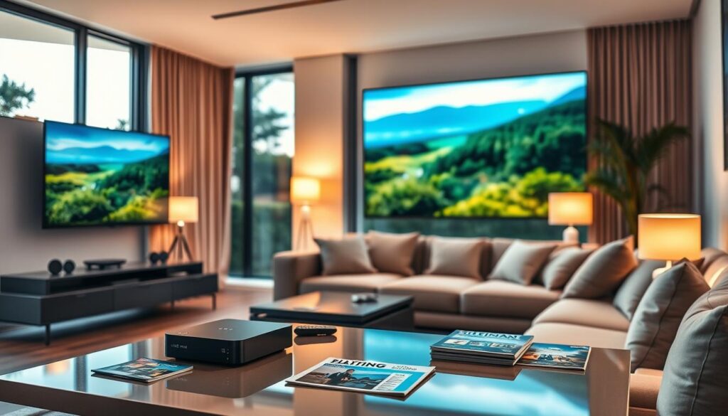 A modern living room setup showcasing UHD and 4K streaming technology. In the foreground, a sleek, ultra-thin TV mounted on the wall displays vibrant, high-resolution visuals of a scenic landscape. A stylish coffee table holds a cutting-edge IPTV box, surrounded by a remote control and a few streaming service brochures, subtly hinting at the topic of streaming. The middle ground features a cozy couch with plush cushions, inviting viewers into the space. Soft, ambient lighting from floor lamps creates a warm, inviting atmosphere, enhancing the feeling of relaxation. In the background, large windows allow natural light to filter in, showcasing a lush outdoor view, further emphasizing the high-definition experience. The overall mood is modern, tech-savvy, and enticing, setting the stage perfectly for a discussion on UHD and 4K streaming requirements.