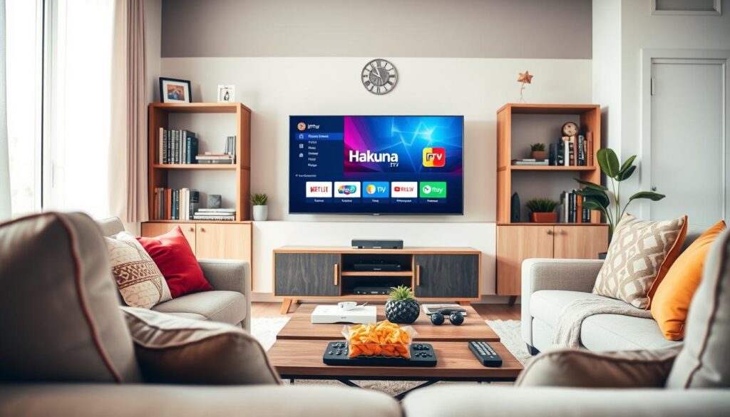 A modern living room setup showcasing a sleek smart TV displaying a vibrant interface of "Hakuna IPTV". In the foreground, a comfortable couch with stylish cushions invites relaxation. Bright, natural light streams through a large window, creating a warm and inviting atmosphere. In the middle ground, a coffee table adorned with remote controls and snacks emphasizes a cozy viewing experience. The background features neatly arranged bookshelves filled with tech-related books and decorative plants, adding a touch of greenery. The scene is framed to capture an inviting, well-decorated space that highlights the functionality of IPTV services, conveying a mood of leisure and modern technology. The camera angle is eye-level, ensuring the viewer feels engaged with the setting.