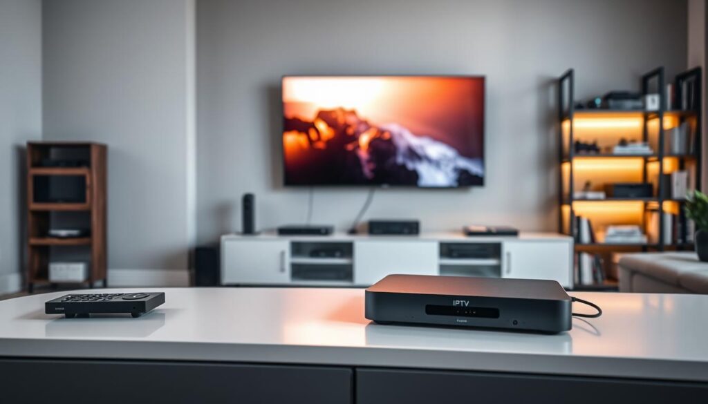 A modern living room setup showcasing an IPTV box on a sleek, white media console. In the foreground, the IPTV box is prominently displayed with multiple ports and a remote control beside it. In the middle background, a large flat-screen TV is mounted on the wall, casting a soft glow that illuminates the room, enhancing the atmosphere of a cozy entertainment space. The walls are painted in a calming dove gray, and a stylish bookshelf filled with tech gadgets and books is visible. The lighting is warm and inviting, suggesting evening relaxation. The angle of the shot is slightly elevated, giving a comprehensive view of the setup, evoking a sense of innovation and modern living.