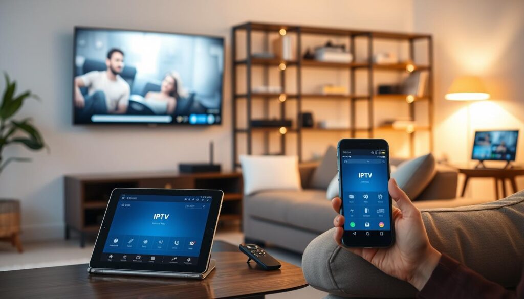 A modern living room setup showcasing the compatibility of IPTV with various devices. In the foreground, a sleek smart TV displaying streaming content. To the left, a tablet with an IPTV app open, and to the right, a smartphone displaying a compatible interface. In the middle, a comfortable couch with a remote control resting on it, emphasizing usability. The background features a stylish bookshelf with tech gadgets like a laptop and streaming box, all bathed in warm, inviting lighting that creates a cozy atmosphere. The scene is captured from a slightly elevated angle, emphasizing the devices and their seamless integration into everyday life. The overall mood is contemporary, tech-savvy, and user-friendly, reflecting modern entertainment solutions.