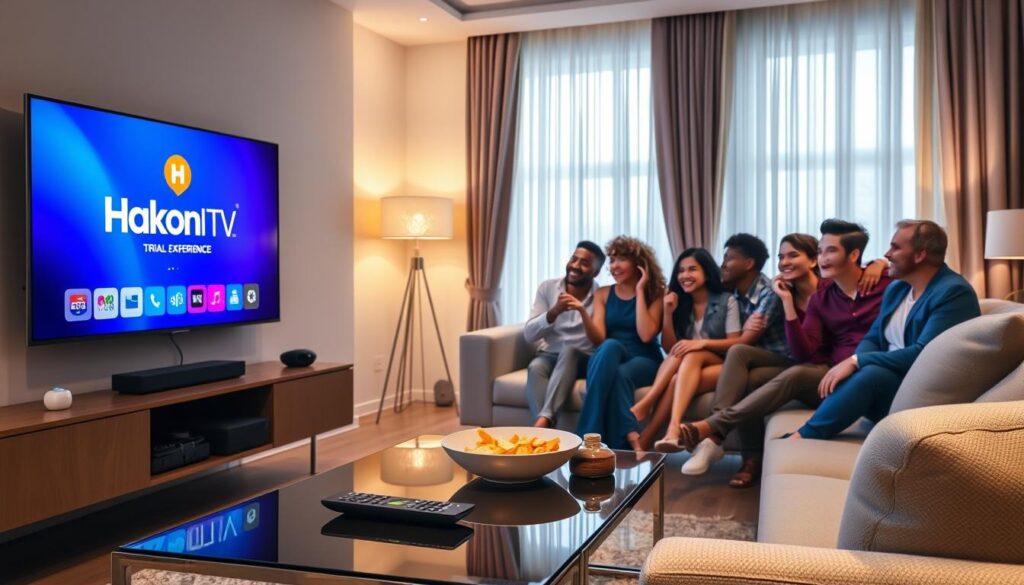 A modern living room with a cozy atmosphere, featuring a sleek TV mounted on the wall displaying the Hakuna IPTV logo. In the foreground, a stylish coffee table holds a remote and some snacks, inviting viewers to enjoy a trial experience. The middle ground shows a comfortable sofa with plush cushions, where a group of diverse friends, dressed in casual but neat attire, are eagerly watching TV together, showcasing a sense of enjoyment and camaraderie. The background features soft, ambient lighting from elegant lamps and a large window with curtains drawn partially open, allowing natural light to filter in, creating a warm and inviting space. The overall mood is relaxed and friendly, inviting viewers to discover the world of Hakuna IPTV.