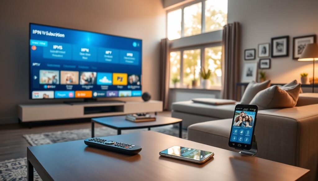 A modern living room with a sleek aesthetic, featuring a large television displaying an overview of KPN IPTV subscription options. In the foreground, a stylish coffee table is adorned with a remote control and a smartphone showing a KPN app interface. The middle ground showcases comfortable furniture, a plush sofa, and large windows letting in warm, natural light, enhancing the cozy atmosphere. The background includes framed family photos and a subtle hint of greenery from potted plants. The room should have a contemporary vibe, with minimalistic decor and soft colors to evoke a sense of relaxation and entertainment. The lighting should be bright yet soft, creating an inviting mood that reflects the experience of enjoying KPN IPTV subscriptions.