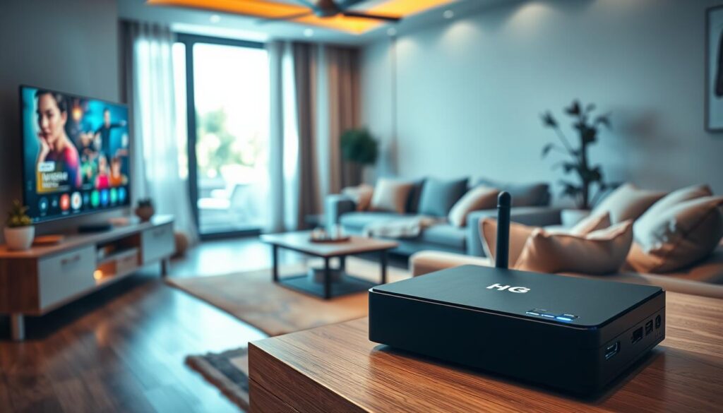 A modern living room with a sleek, high-quality Android IPTV box prominently placed on a stylish entertainment center. In the foreground, the box has glowing LED lights, suggesting its advanced technology. A large flat-screen TV displays vibrant and colorful images, showcasing various streaming options. In the middle ground, an inviting sofa adorned with cozy cushions and a blanket invites viewers to relax and enjoy entertainment. Natural light streams in through a window, creating a warm and welcoming atmosphere. The scene is captured from a slightly elevated angle, enhancing the inviting mood of a typical family leisure time at home. The overall lighting is soft and warm, emphasizing comfort and the joy of home entertainment.