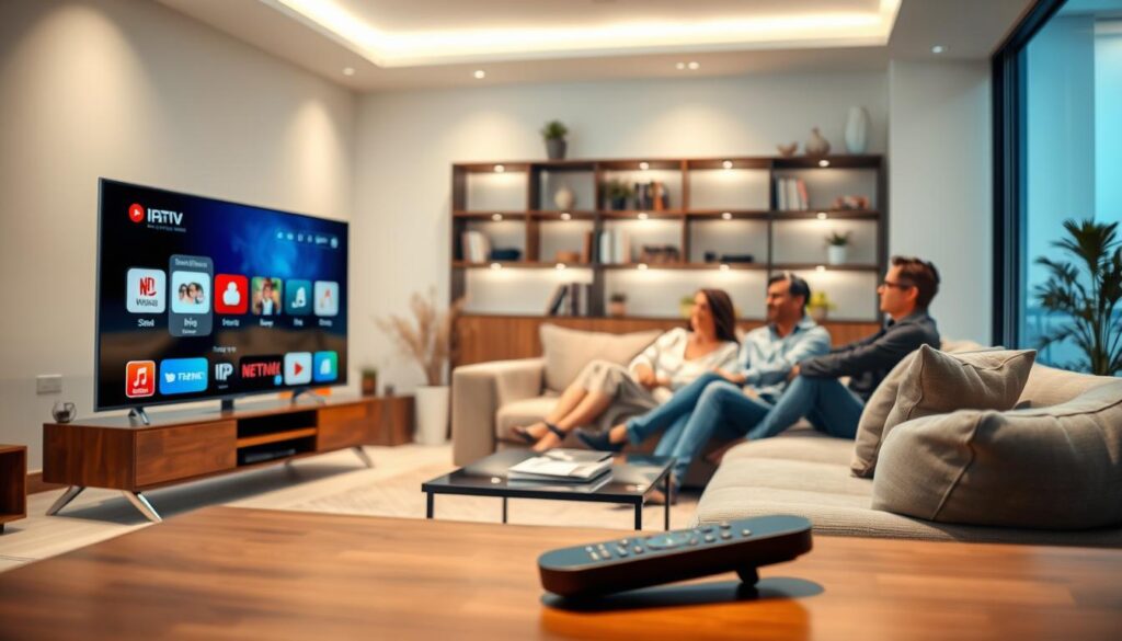 A modern living room with a sleek, stylish IPTV setup. In the foreground, show a large, flat-screen TV displaying various streaming icons, indicating easy navigation. Beside it, a remote control rests on a coffee table. In the middle ground, a family is comfortably seated on a plush sofa, engaged and smiling, dressed in casual but neat clothing. In the background, softly lit shelves hold decorative items and books, creating a warm atmosphere. Soft lighting emphasizes the relaxed ambiance, with a large window showcasing soothing outdoor scenery. Use a shallow depth of field to focus on the family and TV setup while slightly blurring the background, portraying a sense of intimacy and ease.