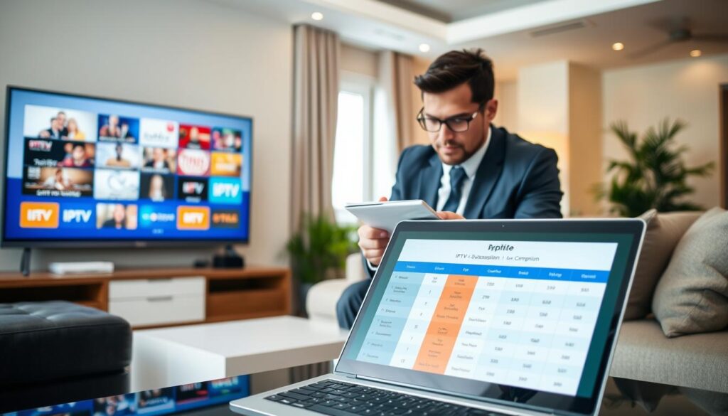 A modern living room with a sleek, stylish TV displaying various IPTV channel options. In the foreground, a laptop on a coffee table open to a visually appealing IPTV subscription comparison chart. In the middle, a person dressed in professional business attire, deeply focused and analyzing the options, with a pad and pen in hand. The background features a cozy yet contemporary ambiance with soft lighting that evokes a sense of comfort and reliability. A window lets in natural daylight, hinting at a pleasant day outside. The overall mood is insightful and inviting, emphasizing the satisfaction of finding the best IPTV subscription deal.