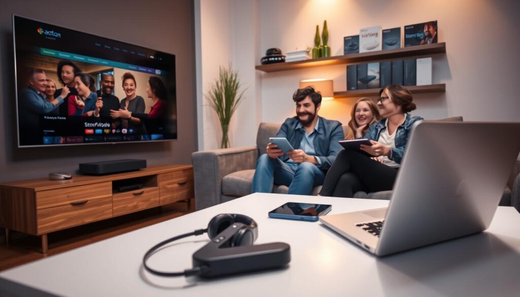 A modern living room with various devices for watching television, including a flat-screen TV, a laptop, a tablet, and a smartphone. In the foreground, a sleek coffee table is adorned with a stylish remote control and headphones. The middle ground features a cozy sofa with a couple of friends, dressed in smart casual clothing, eagerly watching a movie together. Soft, warm lighting casts a welcoming glow around the room, while the background shows a wall-mounted shelf with streaming device boxes and decorative items. The atmosphere is relaxed and inviting, showcasing a seamless integration of technology for flexible viewing experiences. The angle captures the conversation and laughter, emanating a sense of enjoyment and compatibility with all devices.