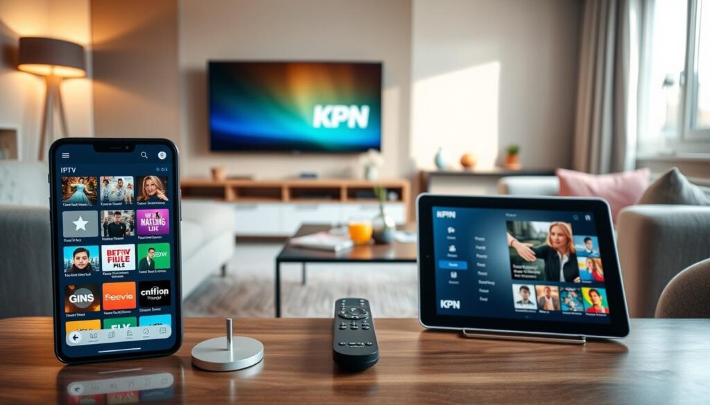 A modern, sleek KPN IPTV app interface displayed prominently on a smartphone, tablet, and smart TV in a cozy living room setting. Foreground features the app's vibrant, user-friendly interface with various streaming content categories. In the middle, a stylish coffee table with a remote control and refreshments. Background includes a softly lit living room with comfortable furniture and a large TV showcasing the KPN logo. The scene is warmly lit with natural light coming through a window, giving a welcoming atmosphere. Use a wide-angle lens to capture the entire setup, emphasizing the connection between devices. The mood is inviting, perfect for family viewing or casual entertainment.