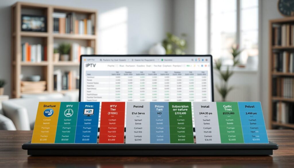 A modern, sleek comparison chart displaying different prices and subscription options for IPTV services in a professional setting. In the foreground, various colorful subscription tiers are represented as cards with icons symbolizing features like HD content and multiple screens. The middle of the image showcases a desktop with a well-organized spreadsheet open, carefully highlighting price differences. The background features a softly lit room with a neutral color palette, enhancing a calm and professional atmosphere. Soft natural light streams in from a window, casting gentle shadows, while a blurred bookshelf filled with relevant industry books adds depth. The overall mood conveys clarity, efficiency, and a focus on informed decision-making in the realm of IPTV.