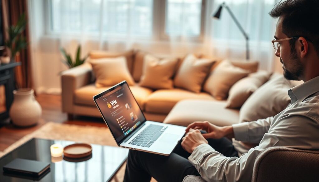 A modern, sleek living room setting showcasing a person using a laptop, deeply engaged in streaming content. The foreground features a stylish coffee table with a VPN app displayed on the laptop screen, highlighted by a soft glow. In the middle ground, a cozy couch with plush cushions invites relaxation, while a potted plant adds a touch of greenery. The background includes a large window with soft, natural light streaming in, creating a calming atmosphere. Ensure that the individual is dressed in smart, casual attire, reflecting a professional yet relaxed vibe. The overall mood should emphasize security and privacy in digital streaming, with a warm and inviting color palette.