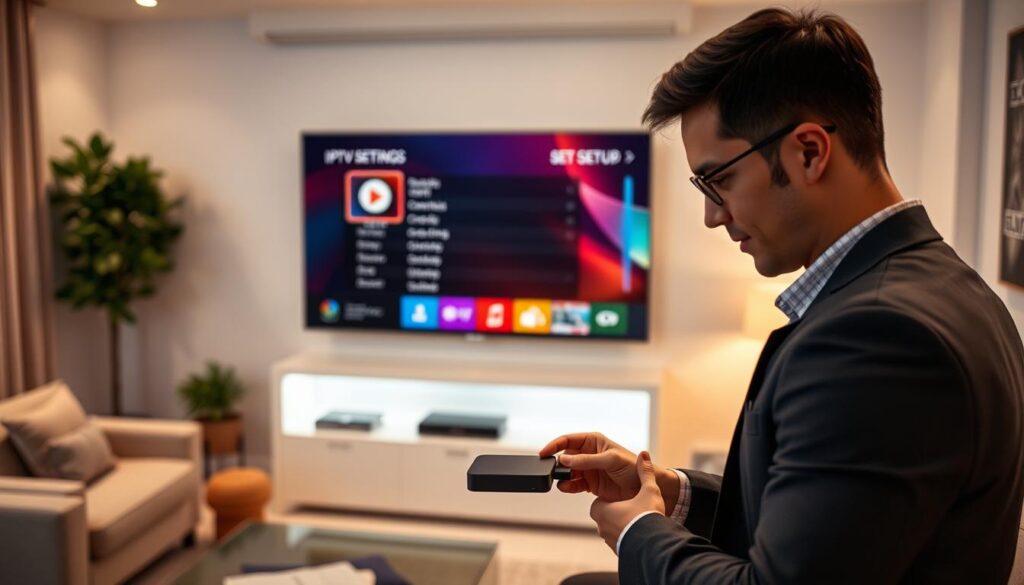 A modern, sleek living room setting showcasing the installation and activation of IPTV service. In the foreground, a professional-looking individual, dressed in smart casual attire, is focused on connecting a streaming device to a large, high-definition television. The middle layer features the user-friendly interface of an IPTV setup menu displayed on the screen, with vibrant colors and icons indicating channels and settings. In the background, cozy furniture and ambient lighting create a welcoming atmosphere, suggesting comfort and ease of use. Soft, warm lighting illuminates the room, giving it a professional yet relaxed feel, while a slight depth-of-field effect draws attention to the installation process.