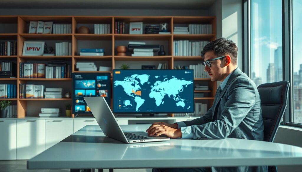A modern workspace depicting a professional analyzing IPTV providers in the United States. In the foreground, a focused individual in business attire sits at a sleek desk, engaged with a laptop displaying IPTV interface screenshots. The middle layer features a large monitor showcasing various IPTV logos and a map highlighting regions of service. The background includes shelves filled with technology books and industry reports along with a window revealing a city skyline, symbolizing innovation. The atmosphere is bright and energetic, illuminated by soft, natural lighting, creating a sense of clarity and professionalism. Capture the scene from a slightly high angle to enhance the depth and focus on the subject's engagement with the technology. A modern workspace depicting a professional analyzing IPTV providers in the United States. In the foreground, a focused individual in business attire sits at a sleek desk, engaged with a laptop displaying IPTV interface screenshots. The middle layer features a large monitor showcasing various IPTV logos and a map highlighting regions of service. The background includes shelves filled with technology books and industry reports along with a window revealing a city skyline, symbolizing innovation. The atmosphere is bright and energetic, illuminated by soft, natural lighting, creating a sense of clarity and professionalism. Capture the scene from a slightly high angle to enhance the depth and focus on the subject's engagement with the technology.