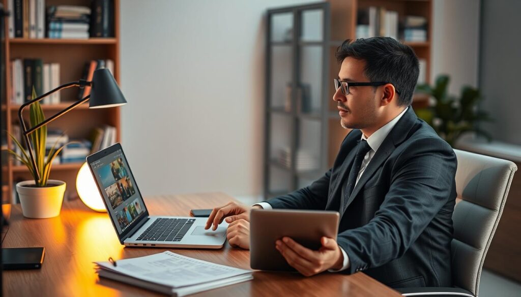 A professional individual seated at a modern desk, intently focused on a laptop displaying a streaming interface for IPTV trials. The foreground features the user wearing smart business attire, with a thoughtful expression, surrounded by neatly organized papers and a tablet. In the middle, a warm light from a desk lamp softly illuminates the scene, highlighting the person and the laptop screen, which shows various IPTV options in a user-friendly layout. The background includes a sleek bookshelf filled with tech-related books and a potted plant for a touch of greenery. The overall atmosphere is one of concentration and professionalism, conveying a sense of security and informed decision-making regarding safe IPTV trials in 2026. A professional individual seated at a modern desk, intently focused on a laptop displaying a streaming interface for IPTV trials. The foreground features the user wearing smart business attire, with a thoughtful expression, surrounded by neatly organized papers and a tablet. In the middle, a warm light from a desk lamp softly illuminates the scene, highlighting the person and the laptop screen, which shows various IPTV options in a user-friendly layout. The background includes a sleek bookshelf filled with tech-related books and a potted plant for a touch of greenery. The overall atmosphere is one of concentration and professionalism, conveying a sense of security and informed decision-making regarding safe IPTV trials in 2026.