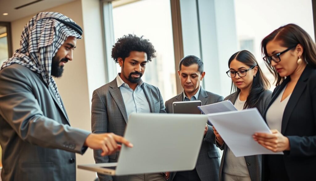 A professional, modern office scene featuring a diverse group of individuals engaged in a discussion about selecting a reliable IPTV provider. In the foreground, a person of Middle-Eastern descent, wearing a smart casual outfit, points at a laptop displaying IPTV provider options, while a Black woman in business attire takes notes. In the middle ground, a White man looks over their shoulders, thoughtful, with a clipboard in hand, and a Hispanic woman with glasses studies a document intently. The background has a large window showing a city skyline, with warm, natural lighting streaming in, adding an inviting atmosphere. The overall mood is focused, collaborative, and informative, conveying a sense of professionalism and safety.