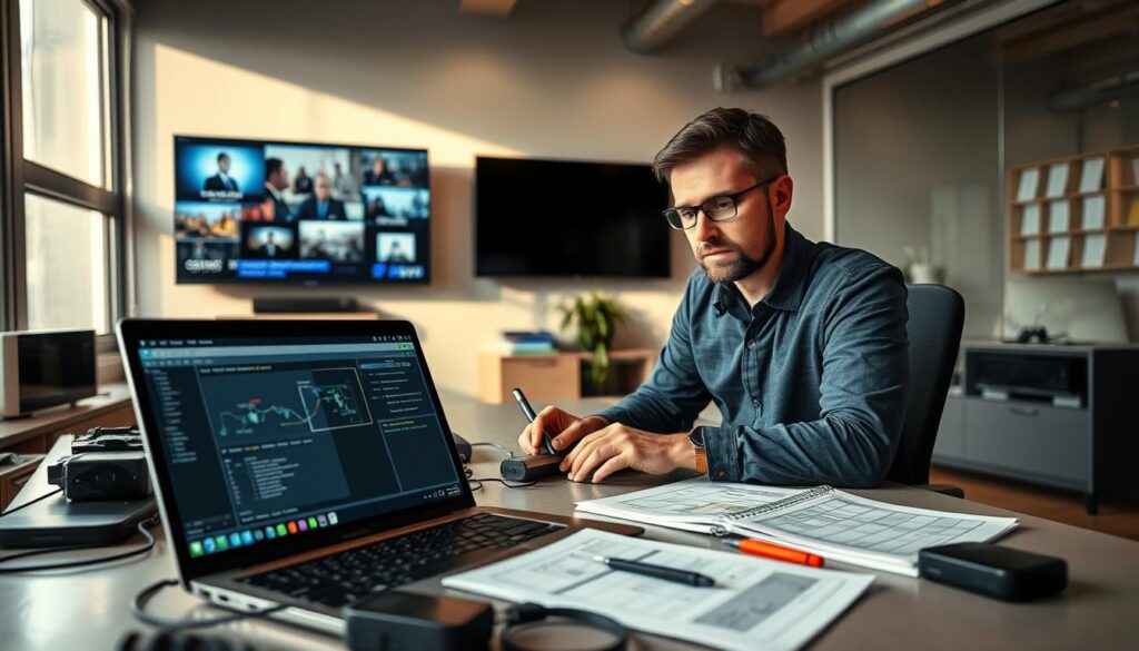 A professional technician in a modern office setting, meticulously troubleshooting an IPTV system. In the foreground, the technician, dressed in smart casual attire, is seated at a desk filled with tools and gadgets. The middle ground features an open laptop displaying diagnostic software, along with a network diagram on a notepad. In the background, a wall-mounted screen shows streaming content, hinting at the subject of IPTV. Soft, natural lighting floods the room from a large window, creating a focused yet inviting atmosphere. The overall mood is one of diligence and expertise, emphasizing the themes of problem-solving and maintenance in technology.