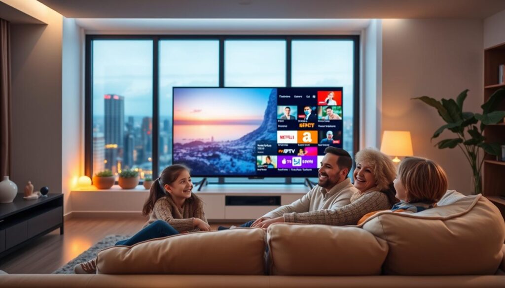A serene living room setting with a modern, sleek television showcasing vivid 4K IPTV content playing a variety of colorful channels from around the world. In the foreground, a cheerful family, dressed in cozy, casual attire, sits together on a comfortable sofa, their expressions filled with joy and excitement. Soft, warm lighting enhances the inviting atmosphere of the room, while a large window in the background reveals a city skyline, suggesting a global connection. The image captures the essence of worldwide viewing access, with a sense of togetherness and enjoyment. The focus is on the immersive experience of IPTV in high definition, without any text or distractions.