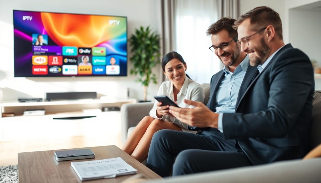 A serene, modern living room setting with a sleek television displaying colorful IPTV channels. In the foreground, a well-dressed adult male and female couple, both in business casual attire, are seated comfortably on a stylish couch, looking at their smartphone in satisfaction. The middle layer features a coffee table with paperwork and a laptop, emphasizing clarity and transparency in their IPTV subscription. The background shows a bright window with soft natural light streaming in, creating a welcoming atmosphere. The overall mood is relaxed yet professional, conveying trust and transparency in the IPTV service. A wide-angle lens perspective captures the entire scene, focusing on the expressions of contentment on the couple's faces, symbolizing confidence in their choice.
