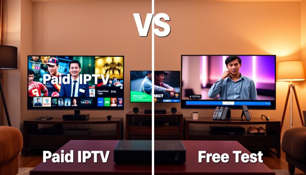 A side-by-side visual comparison of a "Paid IPTV Test" versus a "Free Test." In the foreground, depict two contrasting TV screens: the left screen shows a vibrant, crystal-clear image of popular content under a sleek design labeled "Paid IPTV," with bright colors and a satisfied viewer wearing professional attire. The right screen displays a lower-quality image with buffering indicators, labeled "Free Test," showing a mildly disappointed user in casual clothing. In the middle ground, include subtle elements like remote controls and IPTV devices differentiated in quality. In the background, a cozy living room setting with soft ambient lighting creates an inviting atmosphere, hinting at a home entertainment vibe. Use warm tones to evoke a sense of comfort and comparison.