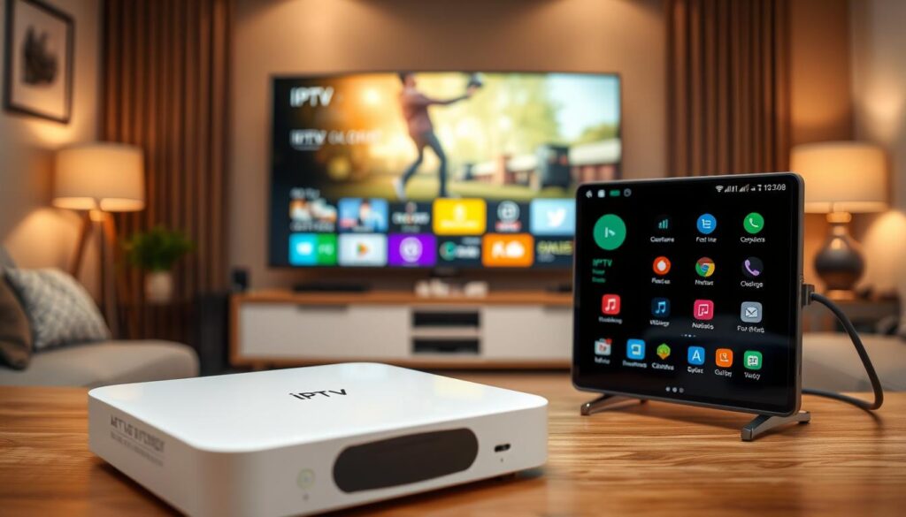 A sleek and modern IPTV box prominently displayed in the foreground, showcasing its shiny exterior and user-friendly interface with vibrant icons. In the middle ground, a well-organized setup including a high-definition television screen displaying IPTV content, with remote controls and connection cables neatly arranged. The background features a cozy living room environment, softly illuminated by warm, ambient lighting, enhancing the inviting atmosphere. The scene captures a comparison of two devices: one running a Linux interface, and the other showcasing an Android interface, illustrating the differences between the two types. The perspective should be slightly angled to convey depth, with a warm color palette that conveys comfort and modern technology.