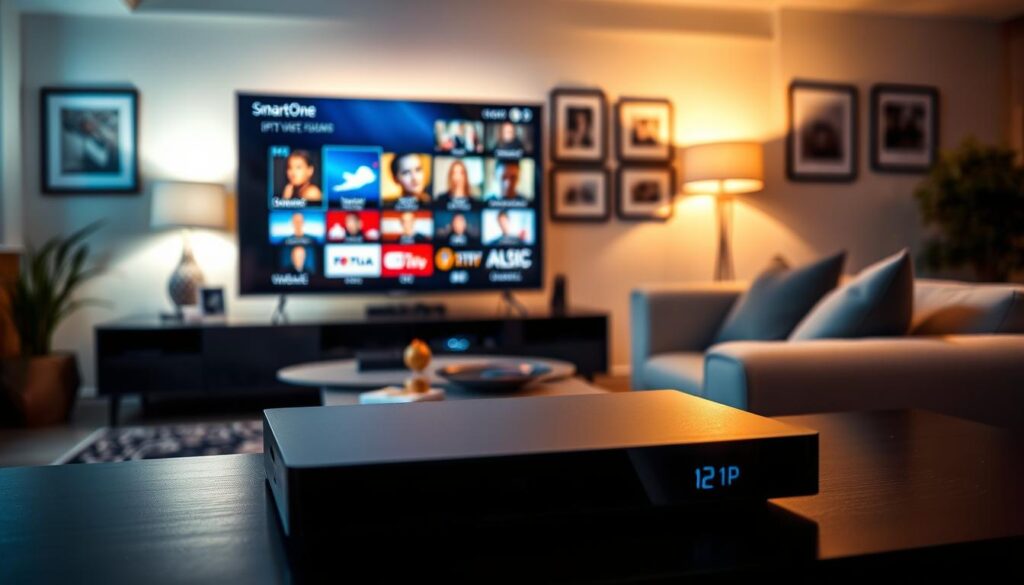 A sleek and modern SmartOne IPTV video player prominently featured in the foreground, showcasing its intuitive interface on a high-definition screen. The video player should display vibrant images of Dutch television channels, emphasizing ease of navigation for users. In the middle ground, a stylish living room setting, with a contemporary sofa and neatly arranged accessories that denote a cozy viewing experience. The background includes softly lit walls with framed pictures, creating a warm and inviting atmosphere. There’s a gentle glow emanating from the screen, highlighting the player and drawing attention to its user-friendly design. The overall mood is relaxed and inviting, perfect for Dutch viewers enjoying their favorite shows. Use natural lighting to enhance the realistic quality of the scene and capture the essence of home entertainment.